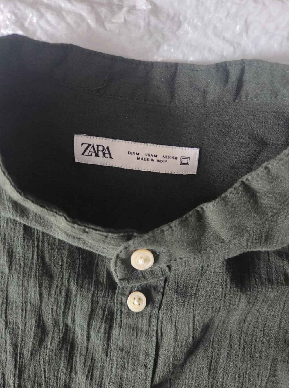 ZARA Men's No Collar Olive Green Crinkled Button-Down Shirt